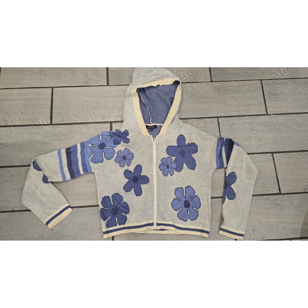 Whitty Fox Floral Knit Hoodie Zip Up Blue White Casual Women's‎ Size XS